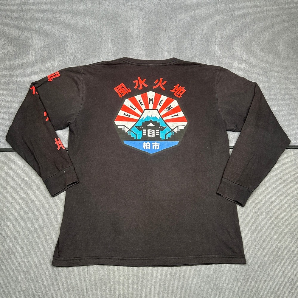 Element Japanese Graphic Long Sleeve T-Shirt Black Kanji Mount Fuji Mens Medium